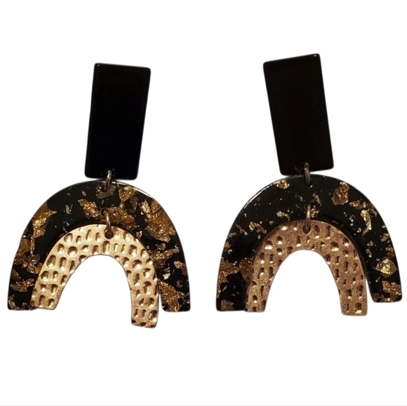 No Brand Jewelry - Black Gold Foil Geometric Arch Statement Earrings | Modern Resin Drop Earrings